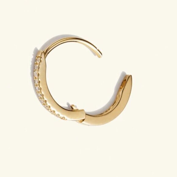 Gold Pavé Huggie Hoop Earrings 18K on 925 Sterling Silver CZ Everyday Jewelry - Picture 13 of 14